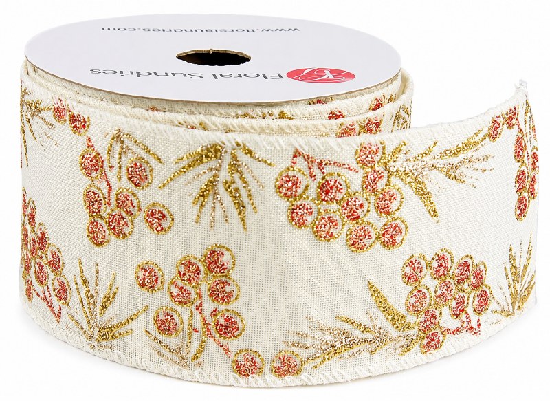 Picture of Berry Ribbon Christmas Rose Gold/ Cream Wired Edge 2.5" x 10yards